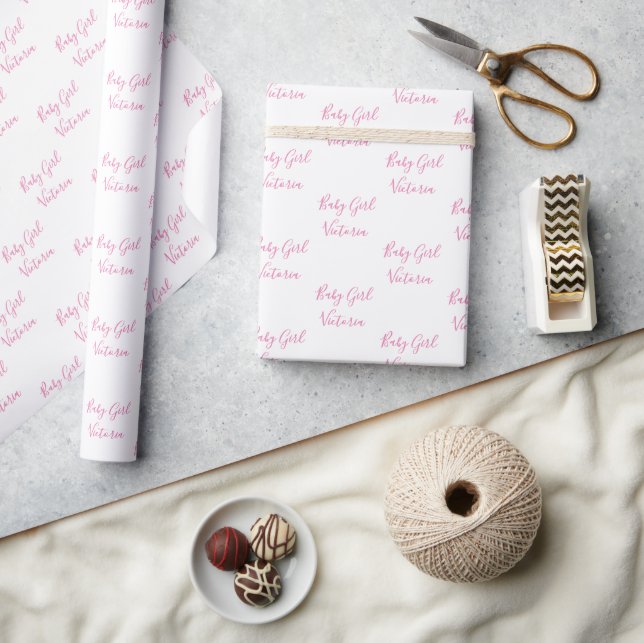 Babyflicka Skript Rosa Personligt Namn Presentpapper (Hantverk)