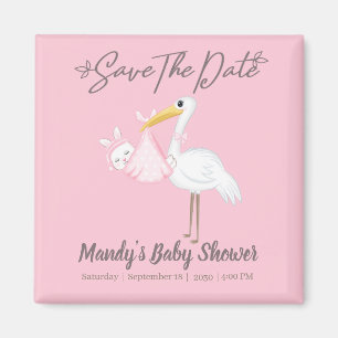 Babyflicka Stork Rosa Dusch Spara Datum Magnet
