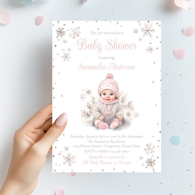 Babyflicka Vintersnöflinga Barnkalas Inbjudningar (Baby girl snowflake winter baby shower invitation. Simply add your event details.)