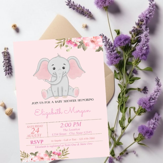 Babyflickan Elefant, Blommig Baby Shower Inbjudningar (Skapare uppladdad)