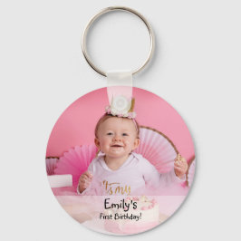 Babyflickans första födelsedagsfoto och namn nyckelring