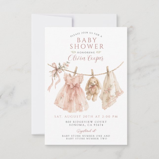 Babyflickor Klädstreck Boho Rosé Rosa Babyfirande Inbjudningar (Framsida)