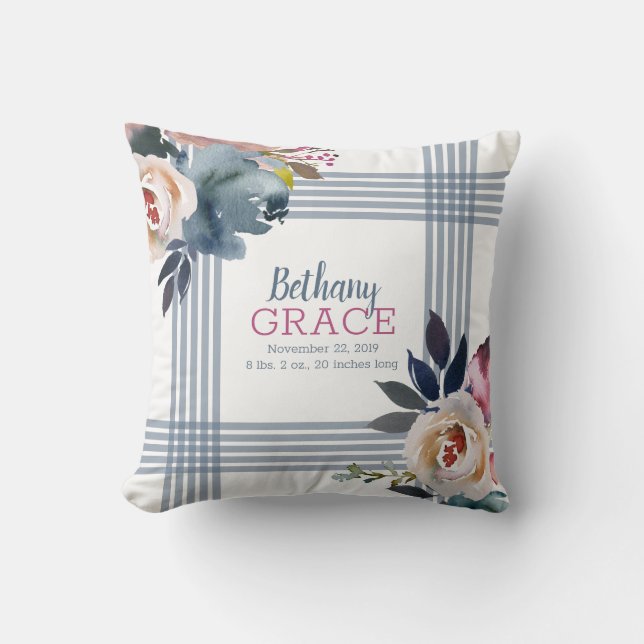 Babyflickor Sjukhus Blå Rosa Akvarell Blommig Kudde (Framsida)