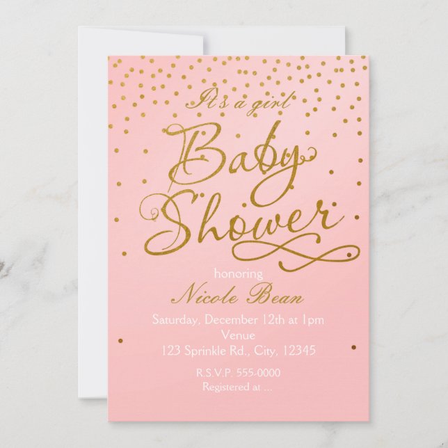 BABYFÖDARE Blush Rosa & Guld Konfetti Inbjudan (Framsida)