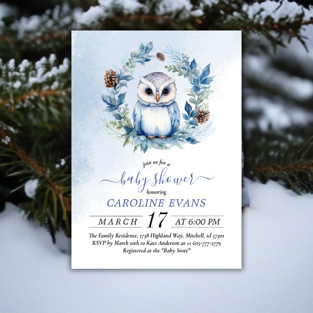 Babyfodral för Winter Uggla Watercolor Inbjudningar (Winter Owl Watercolor Baby Shower Invitation)