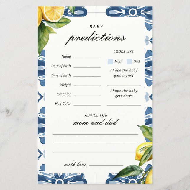 Babyförutsägelser Citron Positano Baby Shower-spel (Framsida)