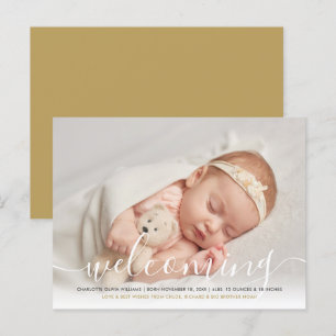 Babyfoto Elegant Skript Välkomnande Guld Födelse Meddelande Vykort
