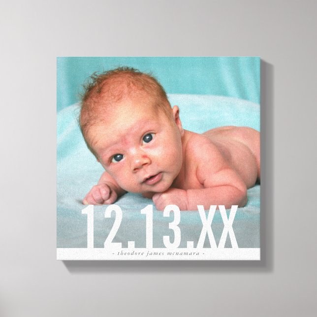 BABYFOTO FÖDELSEDATUM fet vit text överlägg Canvastryck (Framsida)