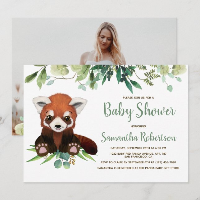 Babyfoto för Cute Bear Greenery Eucalyptus Baby Sh Inbjudningar (Fram/baksida)