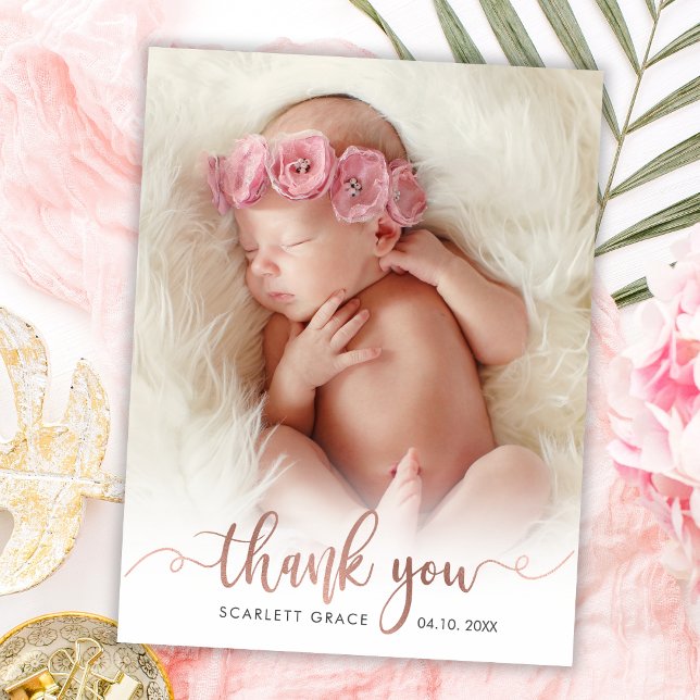 Babyfoto för modern Rose Gold-skript Tack Kort (Skapare uppladdad)