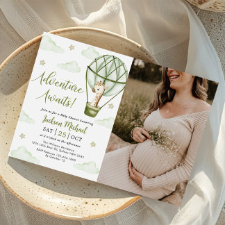 Babyfoto i Giraffe Luftballong Grönt  Inbjudningar