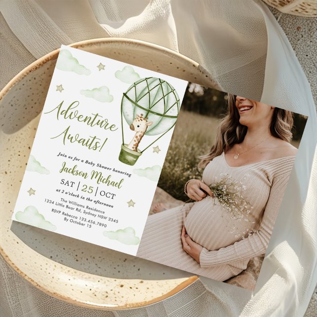 Babyfoto i Giraffe Luftballong Grönt  Inbjudningar (Skapare uppladdad)