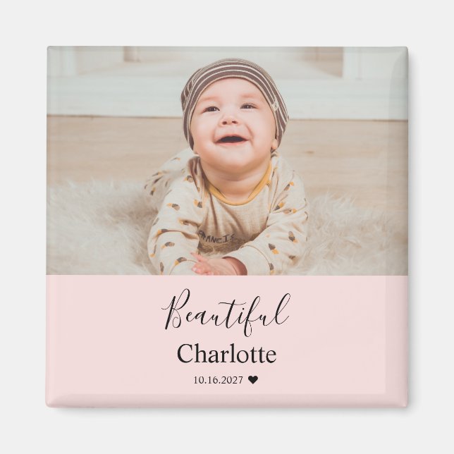 Babyfoto med anpassat namn minnessaker magnet (Framsidan)