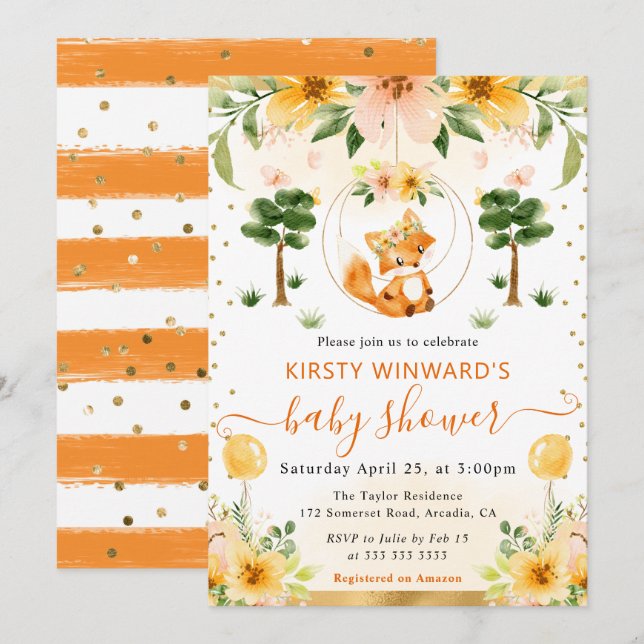 Babyfoxa för vattenfärgsfärgad cute-Blommigt Inbjudningar (Fram/baksida)