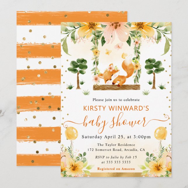 Babyfoxa för vattenfärgsfärgad cute-Blommigt Inbjudningar (Fram/baksida)