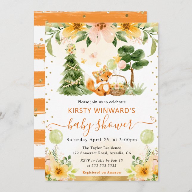 Babyfoxa för vattenfärgsfärgad cute-Blommigt Inbjudningar (Fram/baksida)