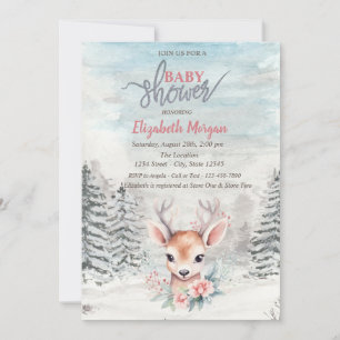 Babyhjort Blomma Skog Snö Baby Shower Inbjudningar