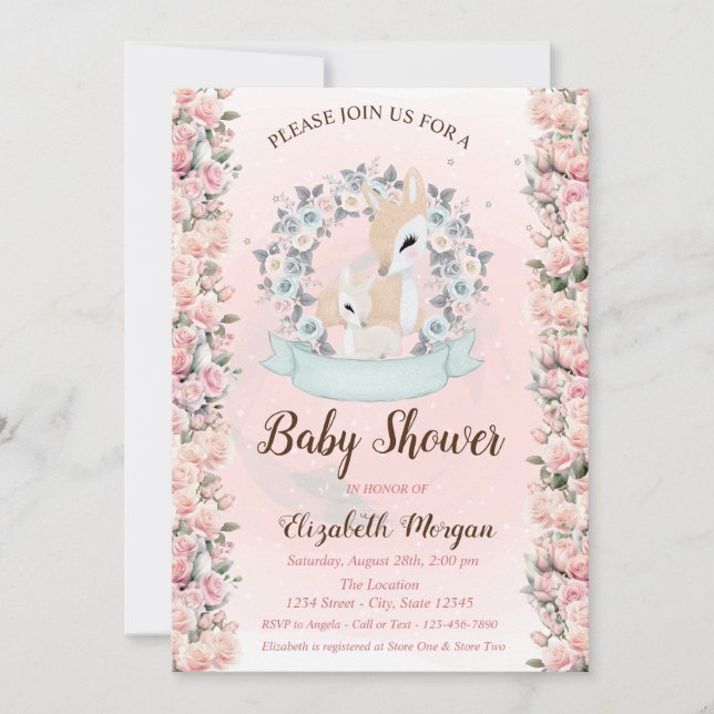 Babyhjort Blommor Rosor Baby Shower  Inbjudningar (Framsida)