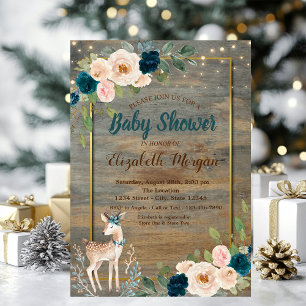 Babyhjort strängljus, Trä blommig baby shower Inbjudningar