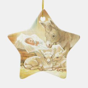 BabyJesus Nativity med Lambs och åsnan Julgransprydnad Keramik