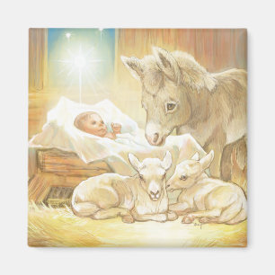 BabyJesus Nativity med Lambs och åsnan Magnet