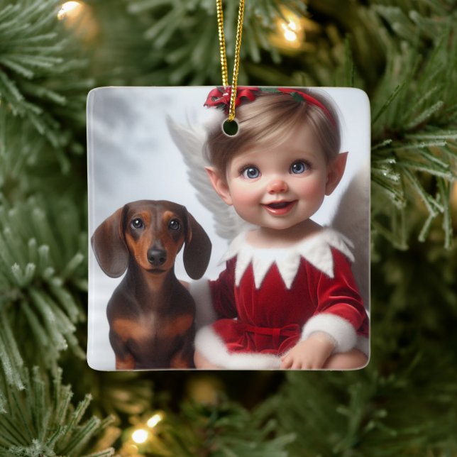 Babyjul Tomte och Dachshund-kort Julgransprydnad Keramik (Träd)