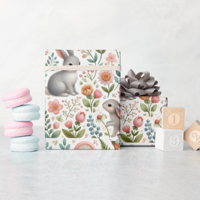 Babykläder, Blommigt med kaninernas vattenfärg Presentpapper (Baby Shower)