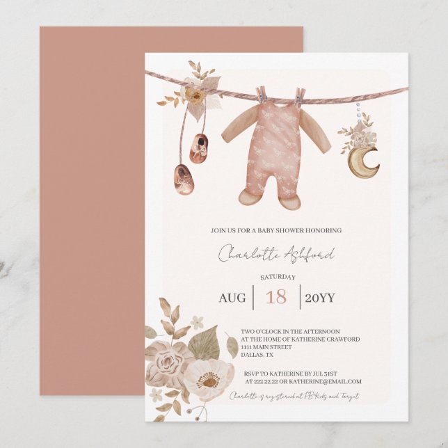 Babykläder Boho Neutralt Bebis Sid Invitation Inbjudningar (Fram/baksida)