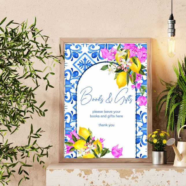 Babykläder, bokar och presentskylt Blå plattor Poster (Baby Shower books and gifts table sign Blue Tiles Lemons bougainvillea Mediterranean  decor)