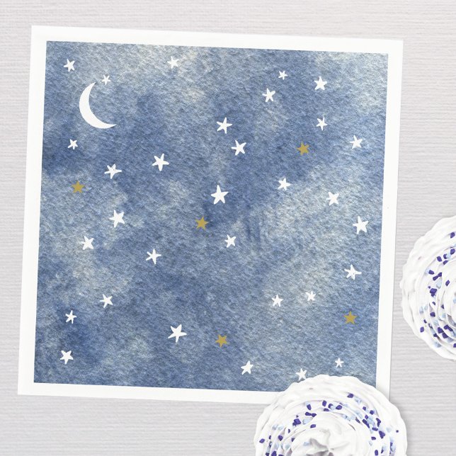 Babykläder Celestial Star Watercolor Navy Blue Pappersservett (Celestial watercolor moon and stars party paper napkins)