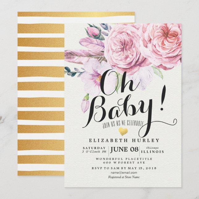 Babykläder, Chic, vattenfärg Boho Blommigt Feather Inbjudningar (Fram/baksida)