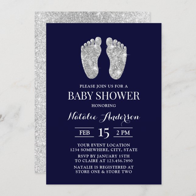 Babykläder för baby Foot Modern Navy Silver Glitte Inbjudningar (Fram/baksida)