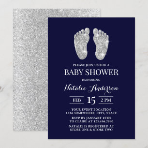 Babykläder för baby Foot Modern Navy Silver Glitte Inbjudningar