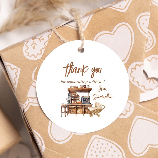 Babykläder för baby-kaffe, runda gåvor etiketter (Coffee Baby Shower Favor Tags)