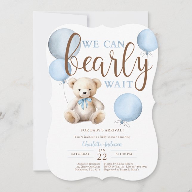 Babykläder för Barly Wait Blue Balloon Nalle Showe Inbjudningar (Framsida)