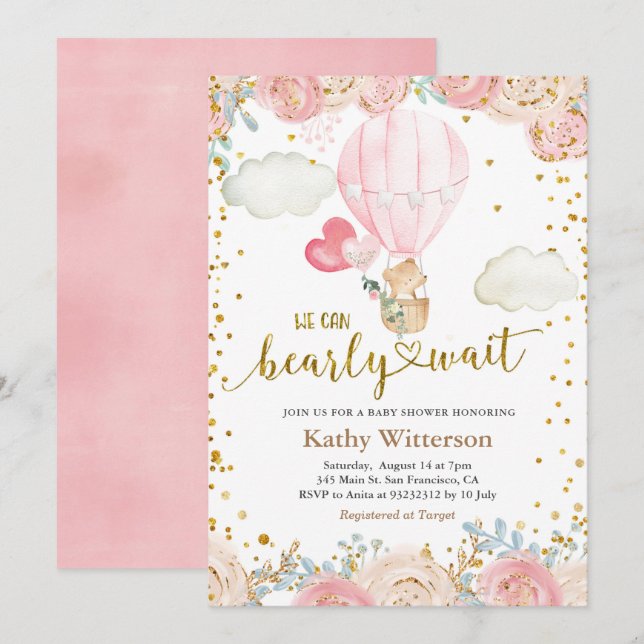 Babykläder för björn och Rosa Luftballong Inbjudningar (Fram/baksida)