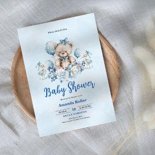 Babykläder för blå Blommigt Nalle Inbjudningar