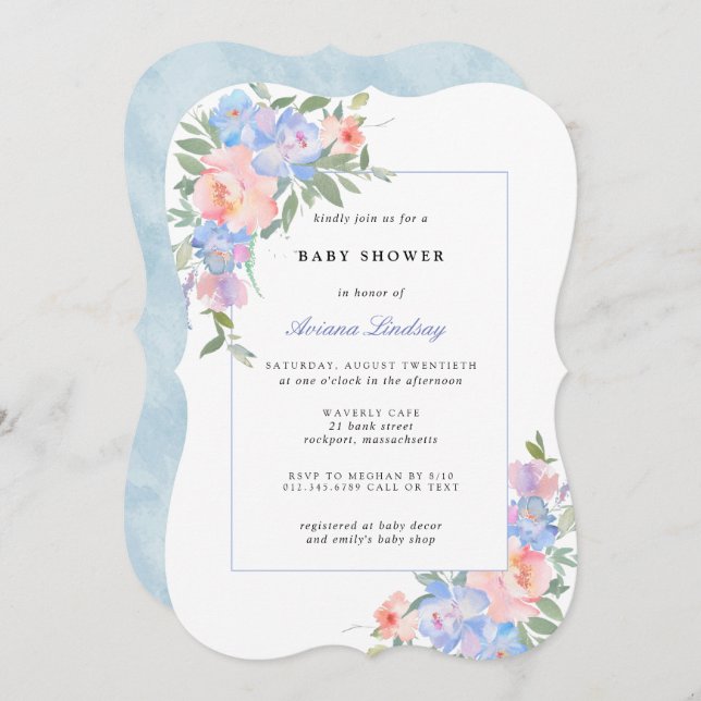 Babykläder för blå och Rosa Blommigt Inbjudningar (Fram/baksida)