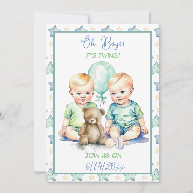 Babykläder för blek Blue och Grönt Twin Boys Inbjudningar (Framsida)