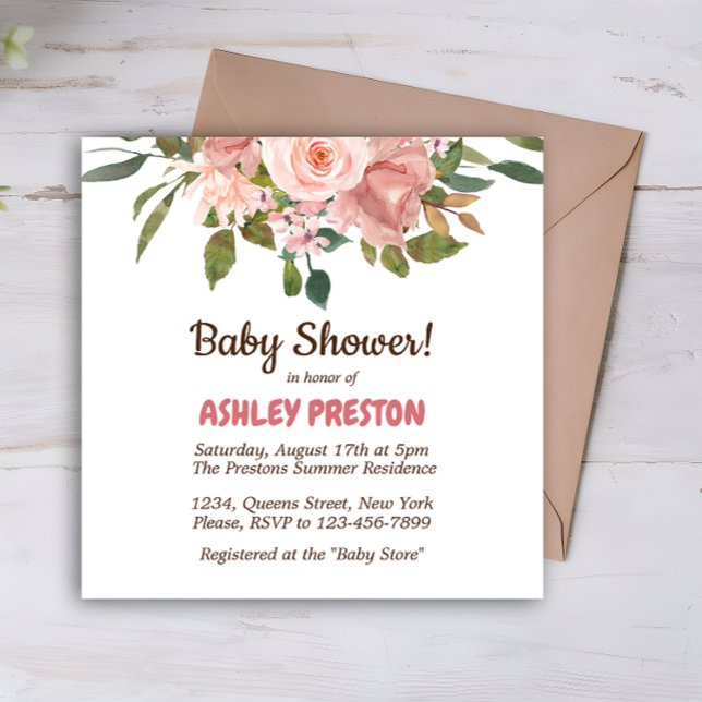 Babykläder för Blommigt för  Ro-vattenfärg Inbjudningar (Blush Rose Watercolor Floral Baby Shower Invitation)