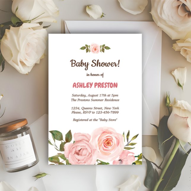 Babykläder för Blommigt för  Ro-vattenfärg Inbjudningar (Blush Rose Watercolor Floral Baby Shower Invitation)