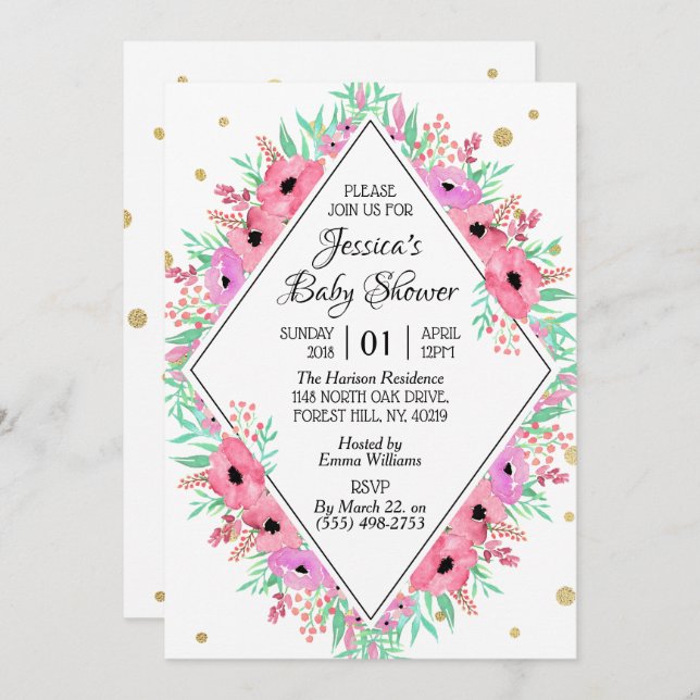 Babykläder för Blommigten  för vattenfärg i elegan Inbjudningar (Fram/baksida)