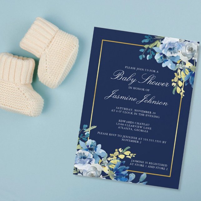 Babykläder för Blommigten Navy Blue Guld Elegant Inbjudningar (Skapare uppladdad)