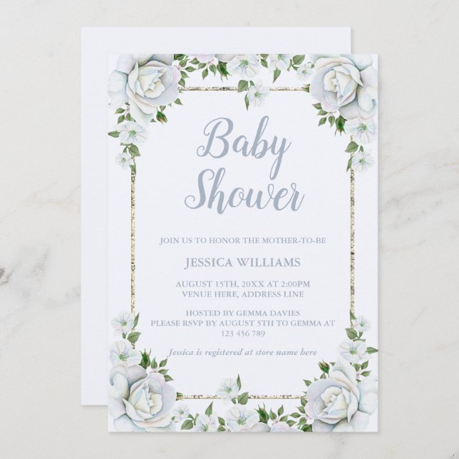 Babykläder för Blommigten ro & Silver Glitter Grän Inbjudningar (Fram/baksida)