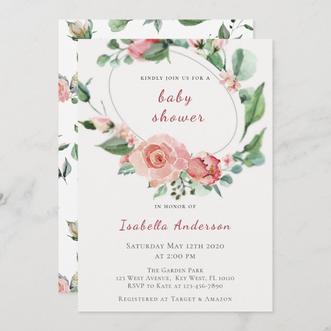 Babykläder för Blommigten  Rosa ros  Inbjudningar (Fram/baksida)