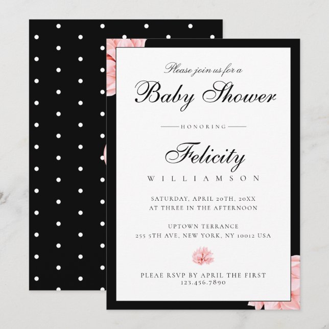 Babykläder för Blommigten Sleek Black White Polka  Inbjudningar (Fram/baksida)