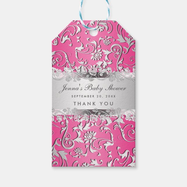 Babykläder för Bright Rosa Silver Flourish Blommig Presentetikett (Framsidan)