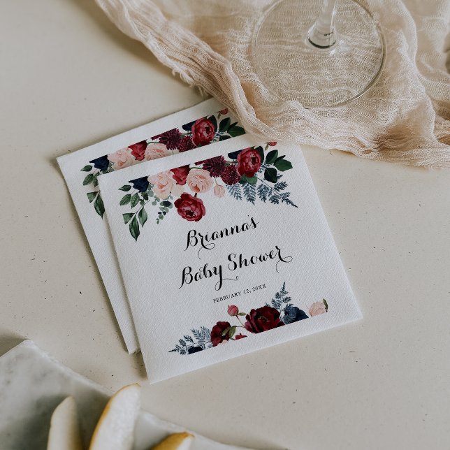 Babykläder för Burgundy Rosa Navy Blommigt  Shower Pappersservett (Skapare uppladdad)