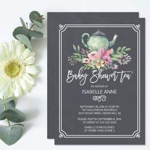 Babykläder för Chalkboard Blommigt Tea Party Neutr Inbjudningar