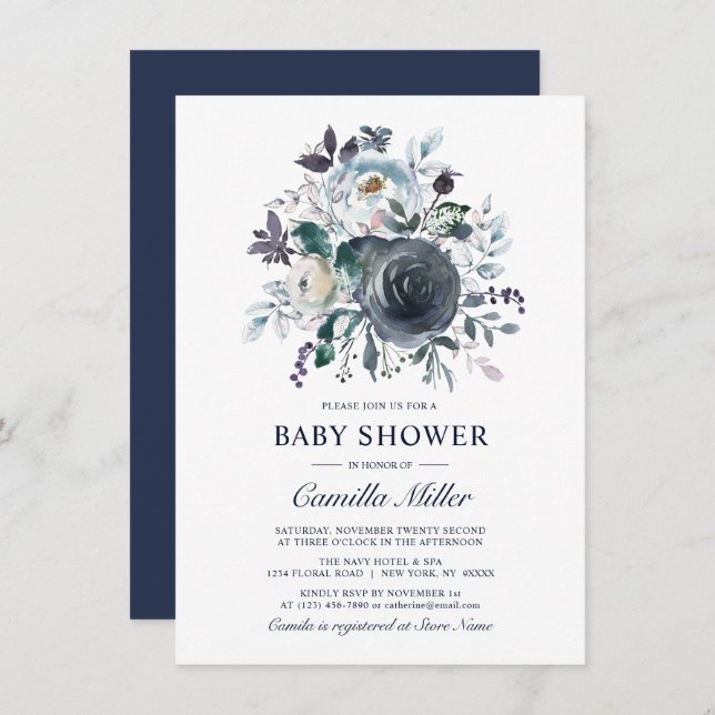 Babykläder för dammfärgad blå marin Blommigt med b Inbjudningar (Fram/baksida)